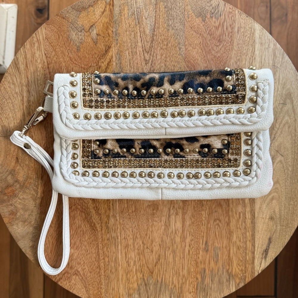 Cache leopard white faux leather jeweled and stub clutch bag